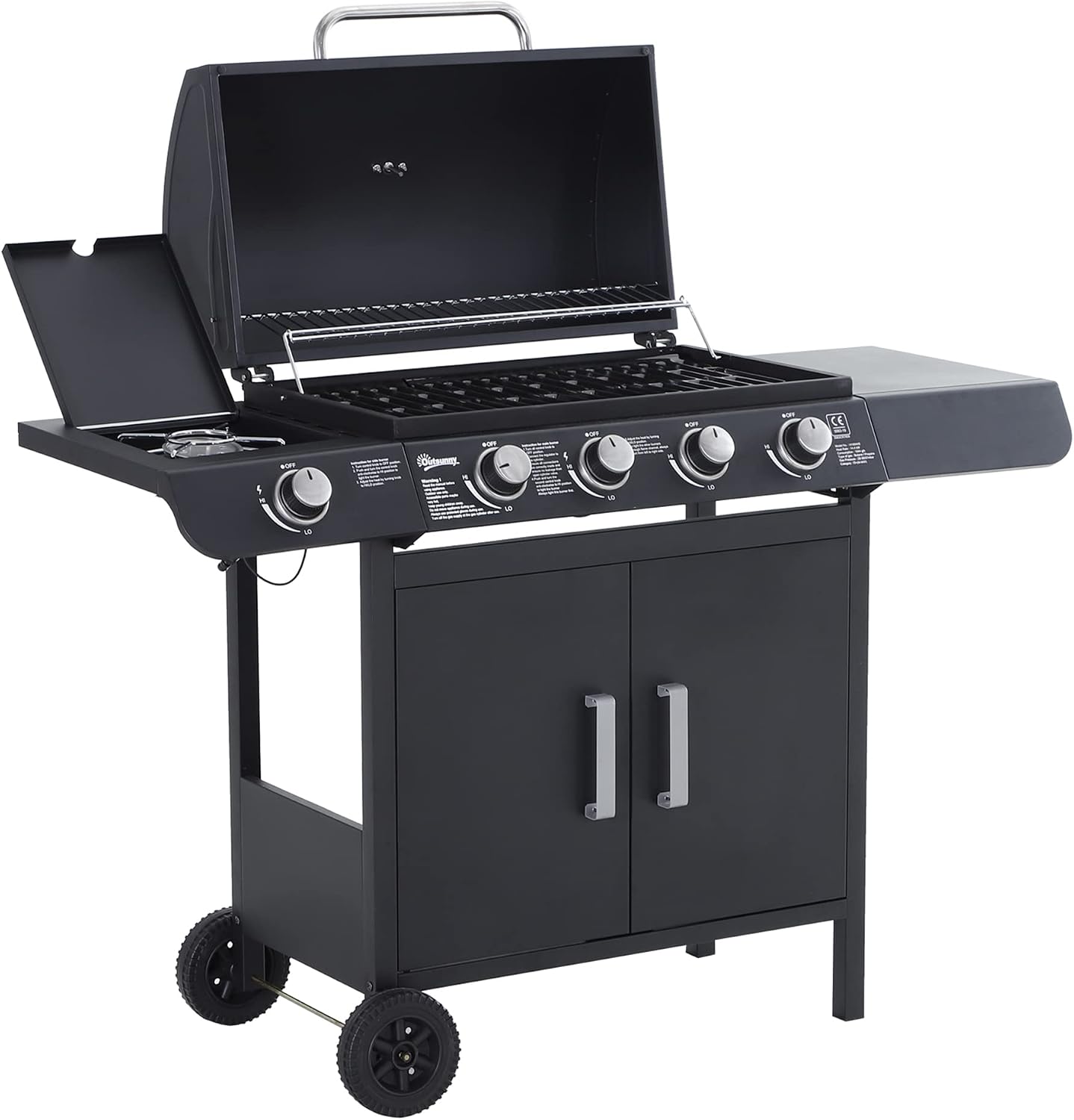 Outsunny 4+1 Burner Gas BBQ Grill, Outdoor Barbecue Trolley with Wheels, Warming Rack, Side Shelves, Cabinet, Thermometer for Garden, Party, Camping, 125L x 51W x 100Hcm, Black