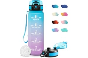 JAPORIA Sport Trinkflasche 1L, Motivierende Trinkflasche mit Zeitmarkierung, Auslaufsichere, Sportflasche mit Filte, Kohlensäure Geeignet, Wasserflasche für Sprudel, Fahrrad, Laufen, Erwachsener, Reisen