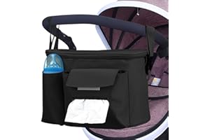 CAKEFLY Pram Bag, Pushchair Organiser Bag with Cup Holders, Buggy Organiser with Large Capacity for Baby Essentials Fits for Universal Strollers for Doona, Ickle Bubba, Adjustable Strap