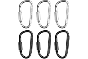 SHARELOVE Carabiner Clip 6pcs Aluminum Alloy D Ring Locking Key Rings, Small Carabiner Clips with Screw Gate Lock, Backpacking Essentials Suitable for Hiking Camping Travelling Fishing Backpacking(Black Silver)