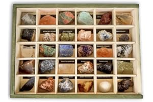 MINERALES Y FOSILES NANO Colección de 30 Minerales del Mundo 3 en Caja de Madera Natural Premium - Minerales Reales educativos de Gran tamaño con Hoja de descripción. Kit Geología para niños