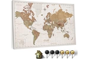 CANVASCALE Carte du monde en toile avec tableau d'affichage en liège - Labels en anglais - Décoration murale décorative pour toutes les pièces - Tableaux sur toile (90x60 cm, Motif 16)