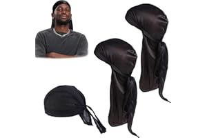 Kighdel 2 Pack Silk Durag for Men & Women, Black, Satin, Wrinkle-Resistant, Wide & Long Tail, Suitable for Waves, Cornrows, Dreadlocks