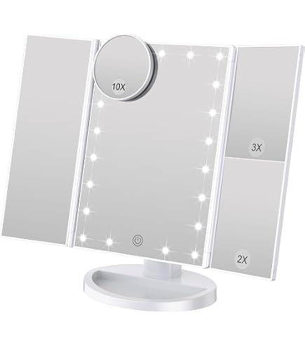 Miroir Lumineux LED 22 LEDs Grossissant 1X 2X 3X 10X - Triptyque Pliable Rotation 180° - Parfait Pour Maquillage Précis