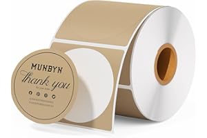MUNBYN Rouleau de 750 étiquettes Autocollantes Rondes, 2 x 2 Pouces, étiquettes Thermiques Directes de logo, Visuel de Bricolage, Code QR, Plaque Nominative, Adresse/expédition, ménage Papier Kraft