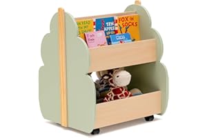 LIFEZEAL Libreria a 2 Livelli per Bambini, con 4 Ruote, 3 Scomparti, Scaffale in Legno a Forma di Albero, Contenitore di Libri e Giocattoli, per Cameretta, Verde, 52x46x62,5 cm