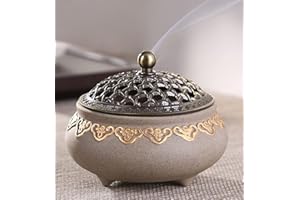 IEASEY Vintage Keramik Räuchergefäß Weihrauchbrenner Räucherstäbchenhalter Halter Rund Chinesisch Porzellan Räucherschale mit Metall Deckel und Feuerfeste für Home Wohnzimmer Meditationsraum Office