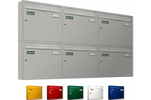 ‎AL BRIEFKASTENSYSTEME AL Briefkastensysteme Basic 6er Briefkasten RAL 9006 Weiß Aluminium Silber Edelstahl-farbig 6 Fach DIN A4 wetterfest Briefkastenanlage mit Posthaltebügel und 2 Namensschildern