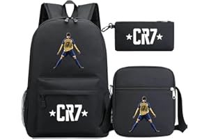 Genefy Ronaldo CR7 Lot de 3 sacs à dos d'école, sac à dos pour étudiants, sac à dos décontracté pour filles et garçons avec sac à bandoulière et trousse à crayons Noir, multicolore, taille unique