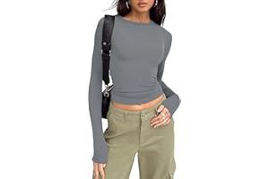 LACOZY Women's Slim Fit Going Out Crop Tops Casual Solid Color Crew Neck Long Sleeve Tight Tee Shirt Basic Streetwear