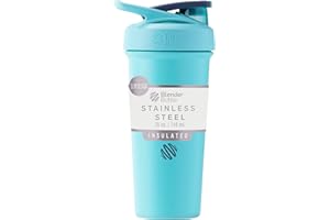 BlenderBottle Strada Sleek Shaker Cup Insulated Stainless Steel Water Bottle with Wire Whisk, 740ml, Seafoam