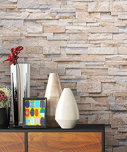 NEWROOM Steintapete Beige Vliestapete Stein Muster Stein schöne moderne und edle Design 3D Optik , inklusive Tapezier Ratgeber