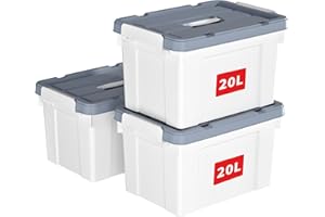 Cetomo 20L*3 Scatole di Stoccaggio in Plastica, Scatole Portaoggetti con Coperchio, Organizzatore con Manico, Contenitori per Casa e Ufficio, Impilabile, Resistente, Bianco, 20L - Confezione da 3