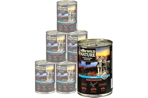 Dehner Wild Nature hundmat hög moor, våtfoder spannmålsfri/sockerfri, för valpar och unga hundar, fåglar/anka, 6 x 400 g burk (2,4 kg)