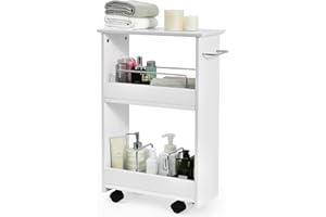 RELAX4LIFE Slim Bathroom Cabinet, Rolling Storage Trolley Cart with 2 Open Shelve & Towel Bar, Narrow Side Organizer Unit Shelving Holder for Kitchen Living Room Bathroom