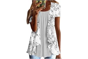 AMhomely Ladies Tops Summer Tops for Women UK Elegant Floral Printed T Shirts Blouse Casual Crew Neck Short Sleeve Tops Fake Two Pieces Plus Size Shirts Tunic Tops Loose Fit Tees Shirts