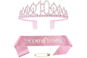 CEQINY 10º cumpleaños Faja y tiara corona de cristal rosa corona de cumpleaños Set rosa corona de cumpleaños banda decoración cumpleaños corona de cumpleaños para niñas mujeres accesorios de fiesta de