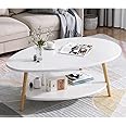 DUSALA Coffee Table-Oval Wood Coffee Table with Open Shelving for Storage and Display 2 Tier Sofa Table, Small Modern Furniture for Living Room&Home (White)