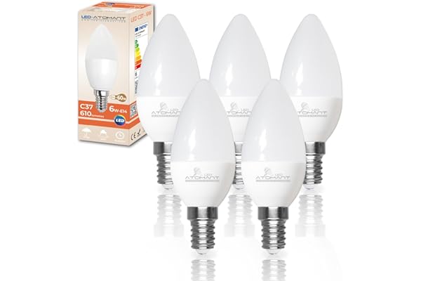 LED ATOMANT Pack 5x Bombilla LED E14 Vela C37 6W, Color Blanco Calido, 610 Lumenes, Casquillo fino, Equivalente a 60W tradicional