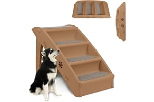 ORHEYA Hundetreppe für Kleine Hunde, Haustiertreppe 4 Stufen Katzentreppe für Alte Katzen, Kunststoff Faltbare Hundetreppe für Bett 50cm Hoch, Belastbarkeit bis zu 75kg Braun