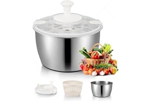 Nastopee Essoreuse à Salade, Grand Bol en Acier Inoxydable de 4,8 L, saladier avec Couvercle, essoreuse à Salade avec manivelle et Bouton d'arrêt, Base antidérapante, Bol mélangeur, Bol Isotherme