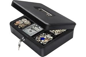 HZSZJMN Money Box, 30x24x9cm Money Tin with Lock, Lockable Cash Box, Locking Metal Safe Box with 2 Keys, Cash Boxes with Keys to Keep Money Safe (Black)