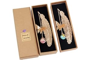 JSMTKJ 2Pcs Marque-page plume en métal,apillon en métal avec Papillon et Fleur Sèche Éternelle Perles de Verre Pendentif Idéal Cadeau pour les lecteurs