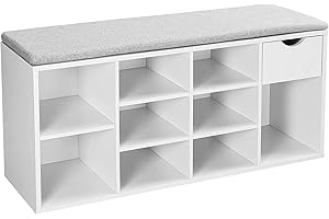 Mevsim Store Banco de almacenamiento con zapatero, cojín acolchado, cajón y compartimentos abiertos - Zapatero de 3 niveles para sala de estar y dormitorio