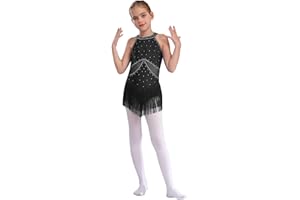 TiaoBug Maillot De Patinaje Artístico Para Niñas Leotardo Sin Mangas Con Flecos Body De Danza Ballet Elegante Vestido Lentejuelas De Baile Actuación Gimnasia