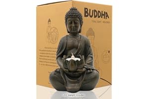 Yeomoo Portavelas de Buda meditante con estatua de Buda Zen, decoración de interior y exterior para casa, jardín, patio, decoración artística, con una vela de té LED, resina 1P