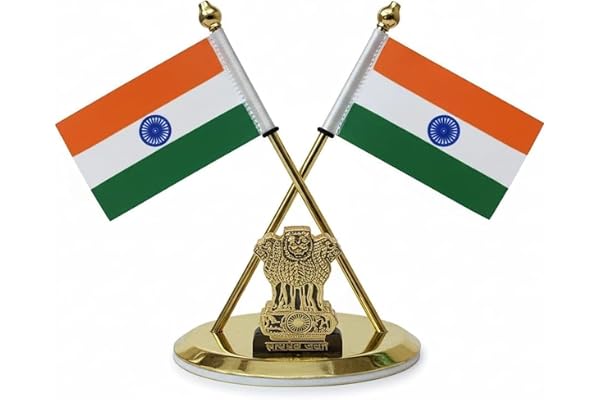 Zahepa Dual-Sided Fabric Indian Tricolor Flag with Gold Plated Base for Car Dashboard, Office Desk, Home Decor & Gifting Tabl