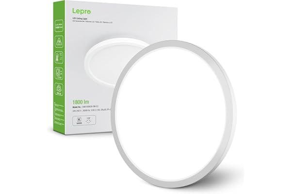 Lepro Plafonnier LED 18W, Luminaire Plafonnier Étanche IP44 5000K 1800LM, Angle de Faisceau 115 °, Non Dimmable, pour Salle de Bain, Balcon, Couloir, Cuisine, Salon