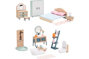 GIANT BEAN Ensemble de Meubles de Maison de Poupée en Bois et en Plastique, Ensemble de Salle de Bain et de Chambre à Coucher, 24 PCS Accessoires de Maison de Poupée, Meubles de Jeu, Jouets pour Garçons, Filles