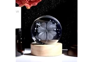 QINJIEJIE 3D Four-leaf Clover Crystal Ball with Wooden Led Base Atmosphere Lights Glass Lamp Ornaments Crystal Ball Clover Themed Good Luck Gifts for Women Men