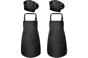 FANGEHONG 4 Piezas Negro Niños Delantal y Gorro de Cocinero, Ajustable Infantil Delantales con Bolsillos para Niñas, Niñito Delantal de Chef Cocina para Cocinar Hornear Pintura Artesanía (M para 3-6 Años)