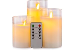 Aku Tonpa Flameless Candles Battery Operated Pillar Real Wax Flickering Moving Wick LED Glass Candle Sets with Remote Control Cycling 24 Hours Timer, 4" 5" 6" Pack of 3