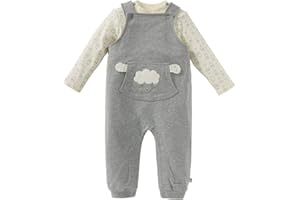 Bornino Farm Animals - 2-TLG. Set Latzhose und Shirt Langarm Schaf - Baumwoll-Mix - Interlockqualität - Milchflaschen-Print - Kängurutasche