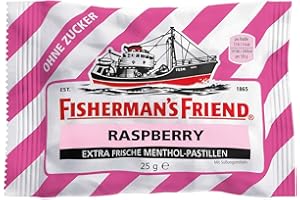 Fisherman's Friend Raspberry - Caja de cartón con 24 bolsas de 25 g, sabor frambuesa y mentol, sin azúcar para aliento fresco