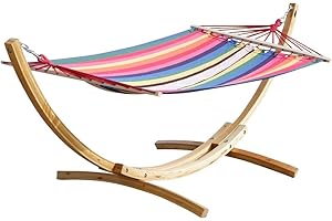 ALEOS. Hängemattengestell 320cm mit Hängematte Blanca-Rojo Hängematte mit Gestell aus Holz Lärche Natur mit Stabhängematte