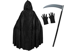 I LOVE FANCY DRESS Adults Grim Reaper Halloween Fancy Dress Costume Set - Velvet Cape + Large Plastic Scythe & Black Gloves - Perfect For Halloween Party Fancy Dress (One Size Fits Most)