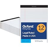 Oxford 8,5 x 11 Yasal Ped, 12'li Paket, Geniş &Ccedil;izgili, Beyaz Kağıt, Yazı Defteri Başına 50 Yaprak, ABD'de &Uuml;retilmiştir (74030