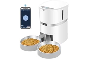 WELLTOBE Automatyczny podajnik dla kotów, inteligentny dozownik karmy dla zwierząt domowych ze sterowaniem aplikacją, automatyczny podajnik WiFi dla psów i kotów, podwójne miski ze stali nierdzewnej, kontrola