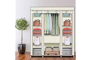 LEADZM Armadio pieghevole in tessuto, con chiusura lampo, scomparti per camera da letto, soggiorno (beige, 150 x 45 x 175 cm)