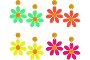 HEKOUJIUB 4 Pairs Neon Flower Earrings 70s 80s Earrings for Women Acrylic Statement Drop Earrings Retro Daisy Earrings Cute Floral Dangle Earrings Funky Earrings Neon Accessories for 80s Outfit Glow Party