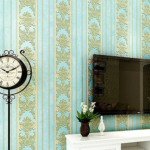 European Style Retro Vertical Stripes Flocking Non-Woven Fabric, Wallpaper, Living Room, Bedroom, Hotel, Corridor, Background, Wall, Wallpaper,Light Blue