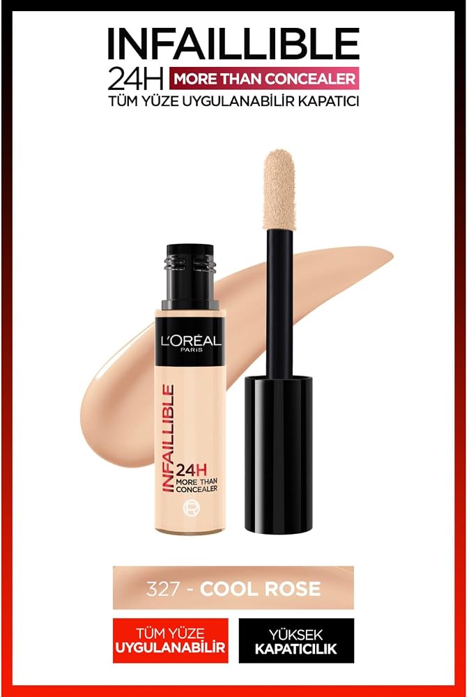 L'OREAL PARIS Infaillible Tüm Yüze Uygulanabilir Kapatıcı 327 Cool Rose | Hafif Hissi, Tam Kaplama, Konturları Düzeltir, Vurgular, Uzun Ömürlü Mat Kaplama, Yüz Kapatıcı