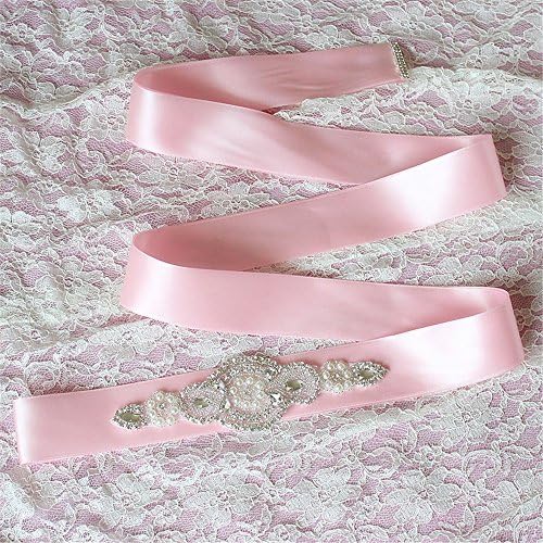 Bridal Sash Wedding Bridal Dress Sash Belt Crystal Rhinestones Belt Sash with Beads (Pink)