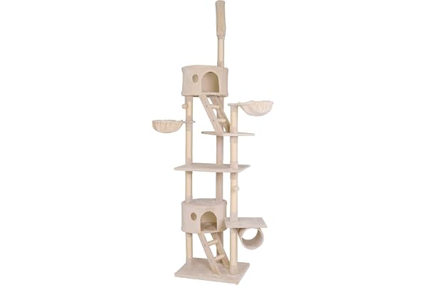 lionto Arbre à Chat XXL avec sisal et Peluche, Hauteur 230–250 cm, avec balles en Peluche avec grelot, hamacs, Tunnel et niches, adapté aux Petits et Grands Chats, Beige