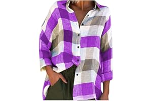 SDERG White Vest Tops for Women, UK Sale Solid Color Blouse Sleeves Loose Women Tops Check Fashion Print with Long Women's Blouse Summer Tops Retro T Shirt