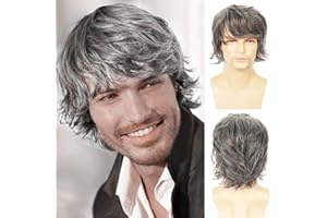 BEWEIG Peluca para hombre Pelucas para hombre sintéticas de onda natural de capas cortas grises con flequillo Fiesta de cosplay de Halloween